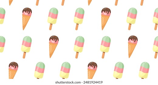 Ice cream seamless pattern. Ice cream on a stick and in a waffle cone in cartoon style  vector.