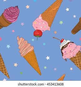 Ice cream seamless pattern on the blue background 