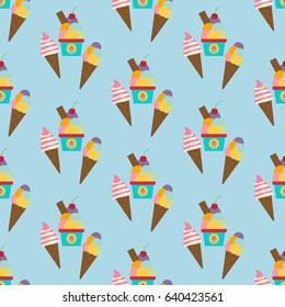 Ice cream seamless pattern on the blue background. Vector illustration