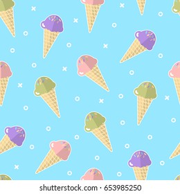 Ice cream seamless pattern on blue background. Vector illustration.