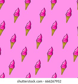 ice cream seamless pattern on pink background. Sweets repeated backdrop for girls, textile, clothes, wrapping paper.  