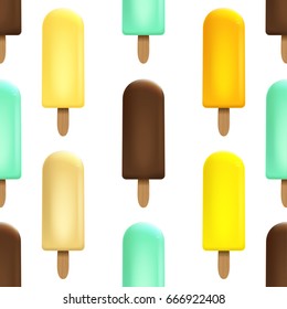 Ice cream seamless pattern on white background for Your business project. Realistic Snacks for ice cream from milk. Ice lolly. Vector Illustration