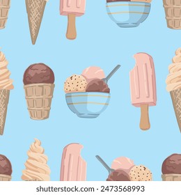 Ice cream seamless pattern. Ornament of summer dessert. Vector design in cartoon style.