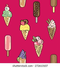 Ice cream seamless pattern. Pink kids background. Birthday party.