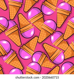 Ice cream seamless pattern. Pop art ice cream on a bright pink background. Vector retro pattern.