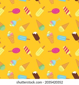 Ice cream seamless pattern. Popsicle, scoop of ice cream in a vase, chocolate ball icing waffle cup. Design for fabric, textile print, wrapping paper, cover, website background, vector illustration