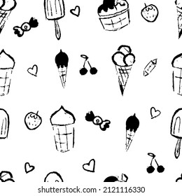 Ice cream seamless pattern. Ice cream, popsicle, hand drawn doodle cone. Stock vector black and white illustration for printing on wpapping paper and textiles.