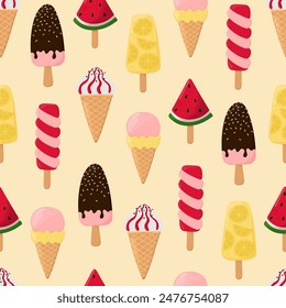 Ice cream seamless pattern. Popsicles and waffle cones with ice cream. Background for poster, print, cards, wrapping paper, clothes decoration and ice cream shop. Vector illustration