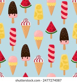 Ice cream seamless pattern. Popsicles and waffle cones with ice cream. Background for poster, print, cards, wrapping paper, clothes decoration and ice cream shop. Vector illustration