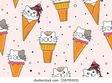 Ice cream seamless pattern. Repeating design element for printing on fabric. Cats in waffle cone. Stickers for kids, adorable characters. Cute animals and pets. Cartoon flat vector illustration