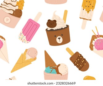 Ice cream seamless pattern. Repeating design element for printing on fabric. Wafer cone and frozen chocolate on sticks. Dessert and delicacy for hot weather. Cartoon flat vector illustration