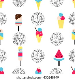 Ice cream seamless pattern in retro style 80s - 90s. Stylish geometric Scandinavian texture. Trend design. Vector illustration. Popsicle, watermelon