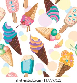 Ice cream seamless pattern: set of various colorful bright ice cream cones, eskimos, with waffles, stars, bubbles, fruit slices. Summer food illustration isolated on white for use on cookbooks, menus