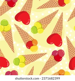 Ice cream seamless pattern: set of various colorful bright ice cream cones with waffles, bubbles. Food illustration