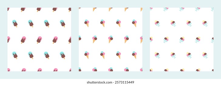 Ice cream seamless pattern set. Different types of ice cream. In cup, scoops in cone and popsicle. Pattern for summer prints, posters, wrapping paper, wallpaper, children textile, covers, phone cases