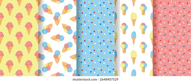 Ice cream seamless pattern set. Sweet servings of fruit ice cream scoops in waffle cone. Background with colorful sprinkles and confetti. Summer print with refreshing soft berry ice, vector graphic