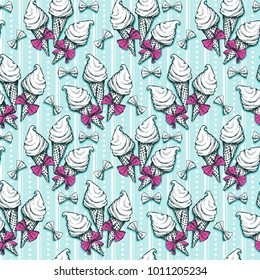 Ice Cream Seamless Pattern. Sketch Vector Illustration. Summer Background Doodle Ice Cream Waffle Cone With Colorful Bows In Vintage Style. Hand Drawn Cold Dessert Ornament.