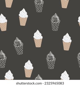 ice cream seamless pattern with soft ice in a waffle cup on a dark brown background and with ice cream sketches. vector graphics