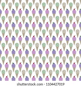 Ice Cream Seamless Pattern - Strawberry, blueberry, mint chocolate chip, and cookies and cream ice cream cones on white background