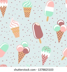 Ice cream seamless pattern. Summer freshening background. Colorful vector illustration.
