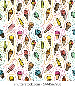Ice Cream seamless pattern, Summer print. Hand drawn doodle style Ice Cream cones, scoop, sundae isolated on white background. Vector illustration.