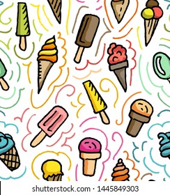 Ice Cream seamless pattern, Summer print. Hand drawn doodle style Ice Cream cones, scoop, sundae isolated on white background. Vector illustration.