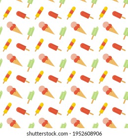 Ice cream seamless pattern for summer prints, posters, wrapping paper, backgrounds, wallpaper, scrapbooking, textile, kids fashion, stationary. Vector.