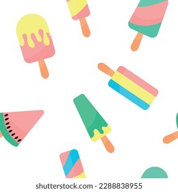 Ice cream seamless pattern. Summer vacation with popsicles, different types of ice cream on a stick. cartoon sweet food vector texture