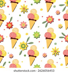 Ice cream seamless pattern. Summer background with flowers and yummy dessert in waffle cone. Yellow, green, pink and red colors on white. Vector design for textile, wallpaper, cover. Flat illustration