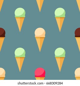 Ice cream. Seamless pattern with summer dessert vector illustrations. Ice cream wafer cones 