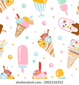 Ice Cream Seamless Pattern, Sweet Tasty Desserts Background, Banner, Wallpaper, Textile, Packaging Design Vector Illustration