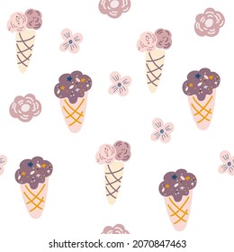 Ice cream seamless pattern. Sweet dessert, summer mood. Boho style. Perfect for kids wallpaper for fabric, textile, clothes, paper, scrapbooking, planner, sticker, nursery. Vector illustration.