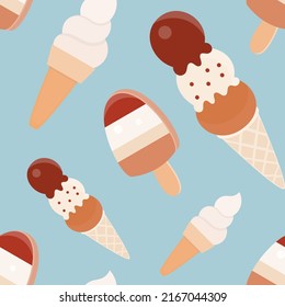 Ice Cream Seamless Pattern with sweet elements – ice cream cone, popsicle. Vector Illustration.