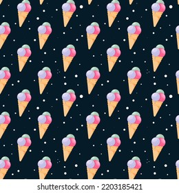 Patrón sin fisuras de helado. Dulces conos de gofre aislados en un fondo oscuro. Arte de postre congelado. Sabrosa ilustración vectorial plana para tela, papel de envoltura, papel pintado, empaque de alimentos, diseño de menú 