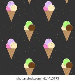 Ice cream seamless pattern. Sweet background with ice cream and confetti. Vector illustration