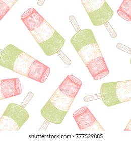 Ice cream. Seamless pattern with sweets. Pastel color dessert on white background. Vector illustration art. Vintage engraving. Hand drawing. Template for kitchen design, textiles, paper, wallpaper.