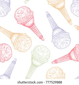 Ice cream. Seamless pattern with sweets. Pastel color dessert on white background. Vector illustration art. Vintage engraving. Hand drawing. Template for kitchen design, textiles, paper, wallpaper.