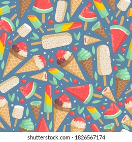 Ice cream seamless pattern. Tasty and delicious watermelon, chocolate, vanilla, strawberry, cherry, and pistachio ice creams in waffle cones on blue background. Ice cream vector flat cartoon backdrop.