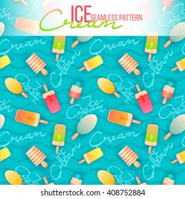 Ice cream seamless pattern. Ice cream texture with sweet desserts. Vector Ice cream background for your design, poster, flyer, web presentation