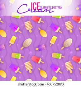 Ice cream seamless pattern. Ice cream texture with sweet desserts. Vector Ice cream background for your design, poster, flyer, web presentation