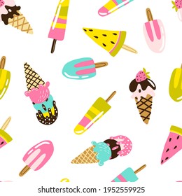 Ice cream seamless pattern. Trendy modern vector hand-drawn illustrations of frozen sweets in different form with candies chocolate and fruits. Childish summer theme. Scandinavian naive cartoon style