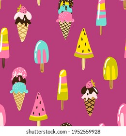 Ice cream seamless pattern. Trendy modern vector hand-drawn illustrations of frozen sweets in different form with candies chocolate and fruits. Childish summer theme. Scandinavian naive cartoon style