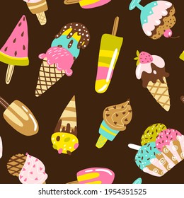 Ice cream seamless pattern. Trendy modern vector hand-drawn illustrations of frozen sweets in different form with candies chocolate and fruits. Childish summer theme. Scandinavian naive cartoon style