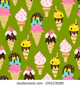 Ice cream seamless pattern. Trendy modern vector hand-drawn illustrations of frozen sweets in different form with candies chocolate and fruits. Childish summer theme. Scandinavian naive cartoon style