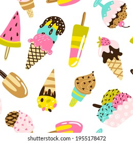 Ice cream seamless pattern. Trendy modern vector hand-drawn illustrations of frozen sweets in different form with candies chocolate and fruits. Childish summer theme. Scandinavian naive cartoon style