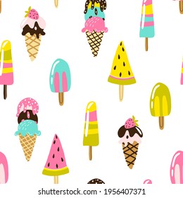 Ice cream seamless pattern. Trendy modern vector hand-drawn illustrations of frozen sweets in different form with candies chocolate and fruits. Childish summer theme. Scandinavian naive cartoon style