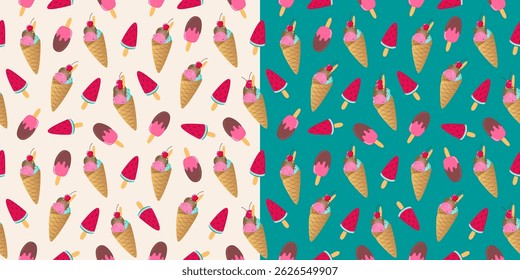 Sorvete sem costura padrão. Duas opções, fundo claro e escuro. Picolés bonitos e wafer cones. Design divertido vibrante para papel de embrulho, tecido têxtil, impressão de papelaria, papel de parede de gadget.