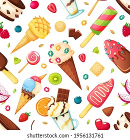 Ice cream seamless pattern. Vanilla sundae with caramel topping. Frozen yogurt, fruit ice popsicles. Cold summer desserts with fruits, sprinkles cartoon vector background. Candy and berry fabric