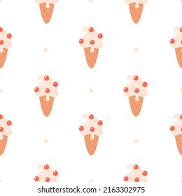Ice cream seamless pattern. Vanilla ice cream in waffle cone with cherry. Hand drawn vector ilustration