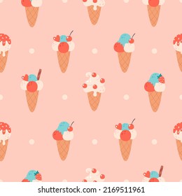Ice cream seamless pattern. Vanilla ice cream in waffle cone with cherry. Hand drawn vector ilustration